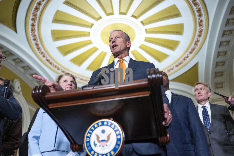 Senate Majority Leader John Thune (Republican of South Dakota) gives remarks during a Republican Senate luncheon outside the Senate Chambers in the U.S. Capitol in Washington, D.C., on Tuesday October 28, 2025. The government shutdown, now in its 28th day, is the now the second longest in U.S. history. (Photo by Aaron Schwartz/Sipa USA)