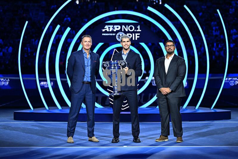 Carlos Alcaraz (ESP) poses with the world number one trophy of the year at the 2025 Nitto ATP Finals in Torino, ITALY, on November 14, 2025. Photo by Corinne Dubreuil/Abaca/Sipa USA