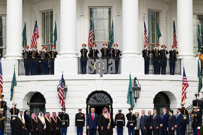 US President Donald Trump welcomes Saudi Crown Prince Mohammed bin Salman Al Saud to the White House in Washington, on Nov. 18, 2025.