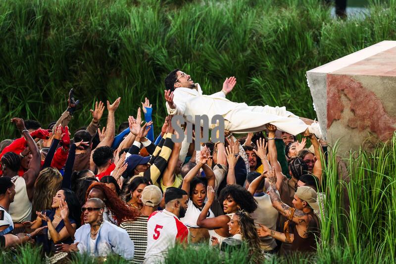 Bad Bunny performs during the Apple Music Halftime Show at Levi’s Stadium during Super Bowl LX in Santa Clara, California on February 8, 2026. Super Bowl LX takes place on February 8, 2026 between the New England Patriots and the Seattle Seahawks. (Photo by Kindell Buchanan/Sipa USA)