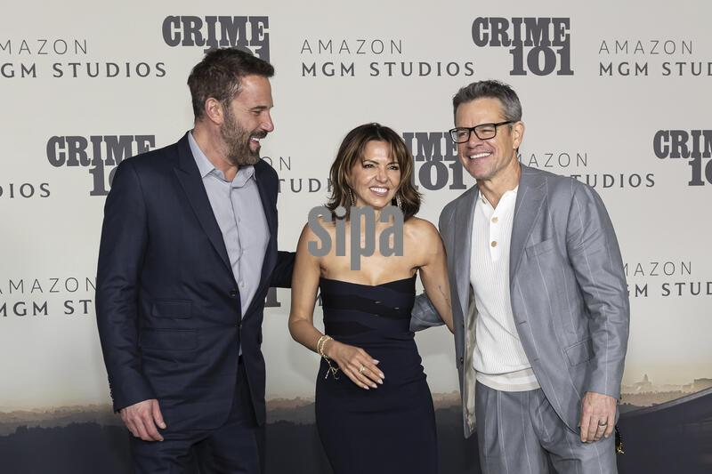 Ben Affleck, Luciana Bozán Barroso and Matt Damon attend the arrivals of the World Premiere of AmazonMGM Studios’ “CRIME 101” at The United Theater on Broadway in Los Angeles, CA on February 10, 2026. (Photo by Corine Solberg/Sipa USA)