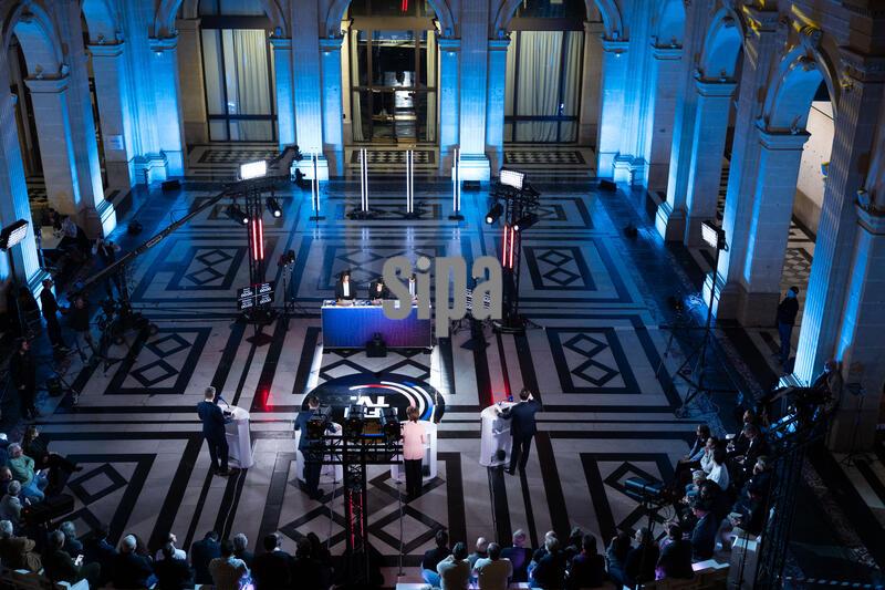 Benoit Payan (Union de la Gauche), Martine Vassal (Union du Centre) Sebastien Delogu (La France Insoumise) and Franck Allisio (Rassemblement National) pictured as BFM Channel TV host a major debate bringing together the candidates for mayor of Marseille, in Marseille France on February 19 February 2026. Photo by Laurent Coust/Abaca/Sipa USA