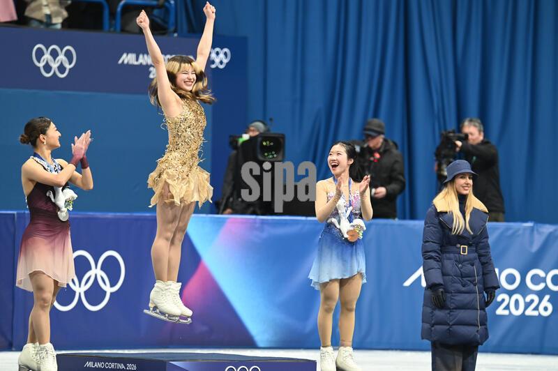 Kaori Sakamoto from Japan,Alysa Liu from United States of America,Ami Nakai from Japan during the Winter Olympic Games, Milano Cortina 2026, Milano Ice Skating Arena, on February 19, 2026 in Milano, Italy (Photo by Federico Manoni/IPA Sport / ipa-agency.net/IPA/Sipa USA)