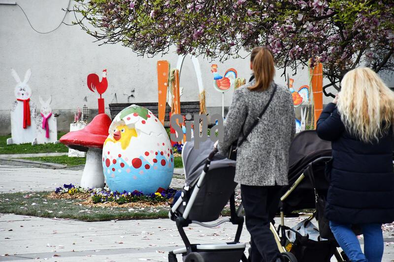 Giant Easter eggs decorate the central city square in Slavonski Brod, Croatia