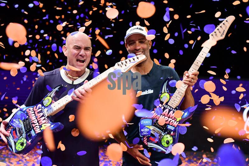 Hall of Famer and three-time Pickleball Slam defending champion Andre Agassi and Former ATP No. 4, James Blake celebrates their win at the Ares Pickelball Slam at Hard Rock Live at Seminole Hard Rock Hotel & Casino Hollywood in Hollywoodi, Florida on April 15, 2026. (Photo by JC Ruiz/Sipa USA)