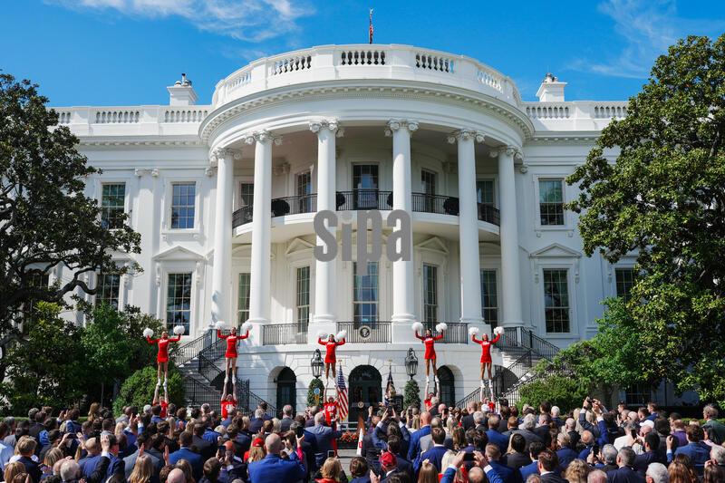 The Indiana University cheerleaders perform during an event hosting the 2026 National Football Champions Indiana University on the South Lawn of The White House in Washington D.C., on Monday, May 11, 2026. (Photo by Aaron Schwartz/Sipa USA)