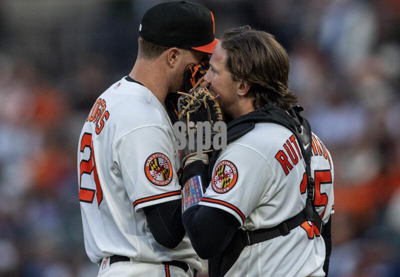 BALTIMORE, MD - MAY 12: Baltimore Orioles starting pitcher Trevor Rogers (28) and catcher Adley Rutschman (35) meet at the mound during a MLB game between the Baltimore Orioles and the New York Yankees, on May 12, 2026, at Oriole Park at Camden Yards, in Baltimore, Maryland.
 (Photo by Tony Quinn/SipaUSA)