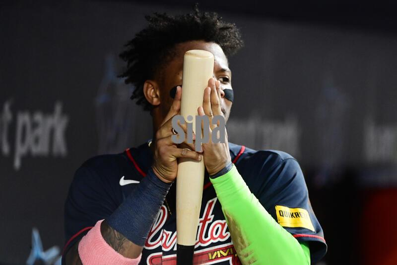 Atlanta Braves right fielder Ronald Acuña Jr. #13 rubs a new bat during the game between the Atlanta Braves and Miami Marlins at loanDepot Park May 20, 2026 in Miami, Florida. (Photo by JC Ruiz/Sipa USA)