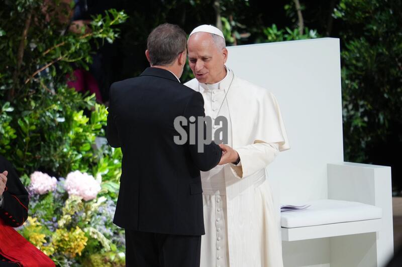 Spain: Antonio Banderas and Pope Leo XIII meets with the world of culture and sport at the Movistar Arena in Madrid, June 7,