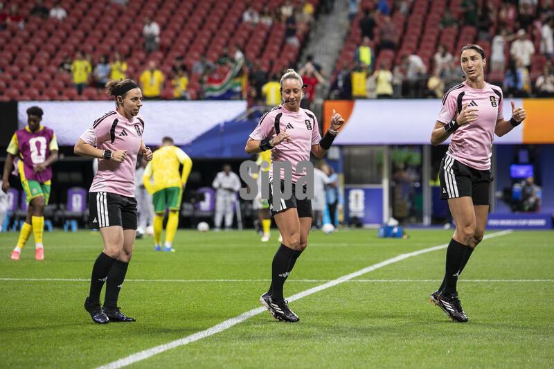 Brook Mayo, Tori Penso, and Kathryn Nesbitt become the first all-woman, all-American referee crew in the history of the men’s FIFA World Cup 2026 during the match between Czechia and South Africa at Atlanta Stadium in Atlanta, Georgia on June 18, 2026. (Photo by Kindell Buchanan/Sipa USA)