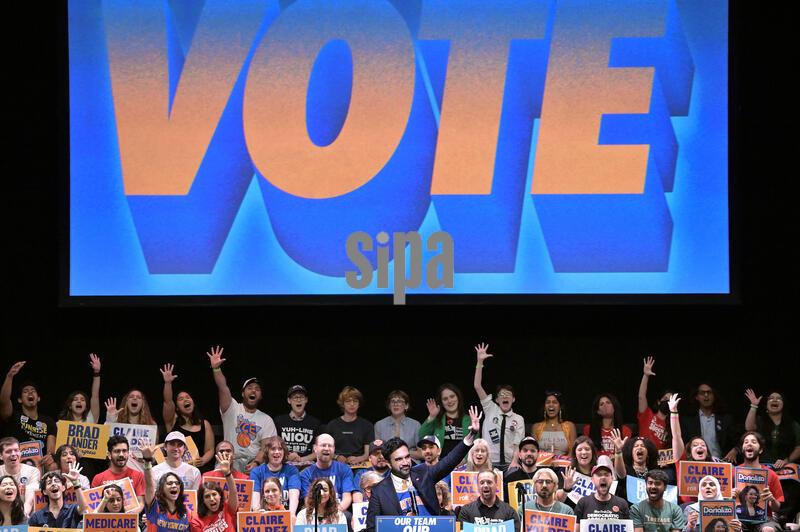 New York City Mayor Zohran Mamdani shouts 'Knicks in five' as he speaks during the 'Our Team, Our Year' Get Out The Vote (GOTV) rally for local candidates ahead of next week's Primary Elections, at the Kings Theatre in the Brooklyn borough of New York City, NY, June 18, 2026. (Photo by Anthony Behar/SipaUSA)