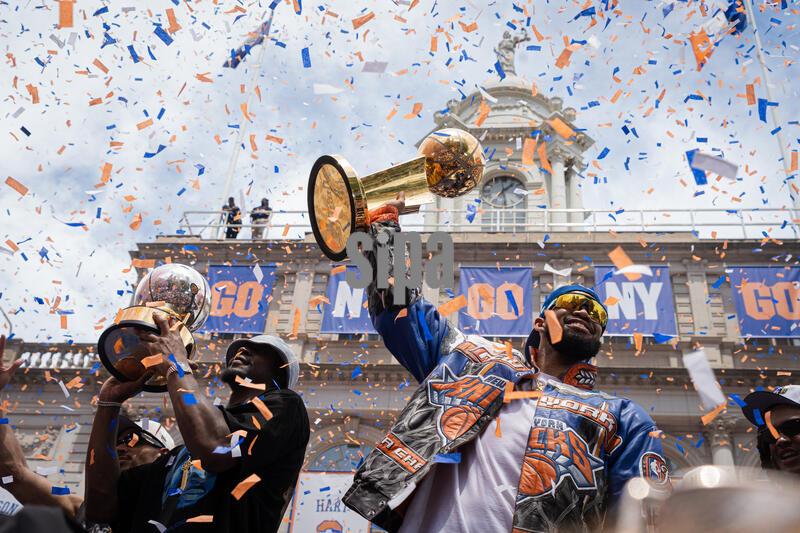 NYC Knicks Ariel Hukporti and Karl-Anthony Towns at the NBA Championship ceremony at City Hall in New York City, NY. June 18, 2026. (Photo by Steve Sanchez/Sipa USA).