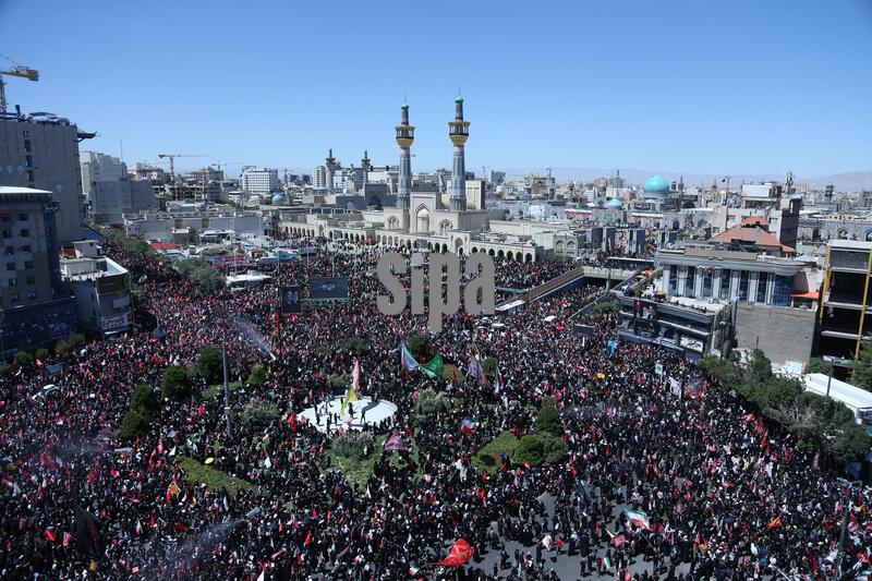 (260710) -- MASHHAD, July 10, 2026 (Xinhua) -- People attend the funeral procession of Iran's late Supreme Leader Ali Khamenei in Mashhad, Iran, July 9, 2026. Ali Khamenei was laid to rest in the northeastern Iranian city of Mashhad on Thursday. (Xinhua/Shadati) (Photo by Xinhua/Sipa USA)