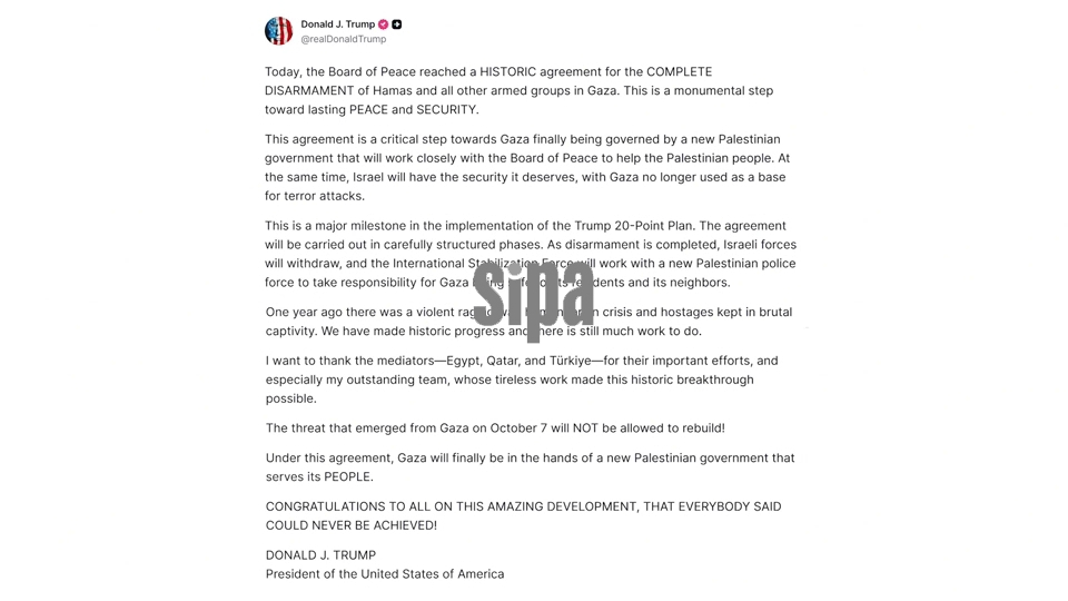 D.C.: Trump says agreement reached on complete disarmament of Hamas, other armed groups in Gaza