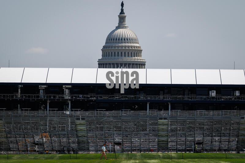 The U.S. Capitol building is seen past viewing stands set up ahead of the NTT INDYCAR SERIES Freedom 250 Grand Prix on August 13, 2026 in Washington, D.C. The Grand Prix will be held on the streets of Washington on August 22nd and 23rd. (Photo by Samuel Corum/Sipa USA)