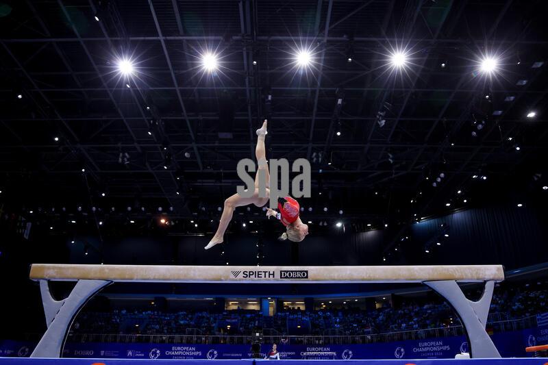 Lea Marie Quaas of Germany competes on the balance beam during day one of the 2026 Artistic Gymnastics European Championships at Arena Zagreb on August 13, 2026 in Zagreb, Crotia. Photo: Igor Kralj/PIXSELL/Sipa USA
