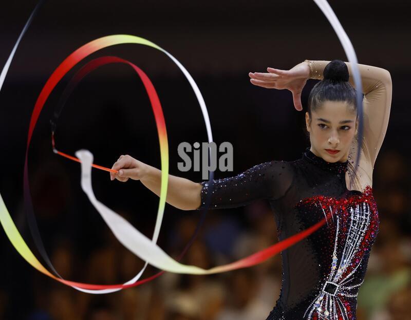 Sofia Raffaeli of Italy performs with the ribbon during the individual all-around final at the rhythmic gymnastics world championships in Frankfurt on Aug. 14, 2026. (Photo by Kyodo News/Sipa USA)
