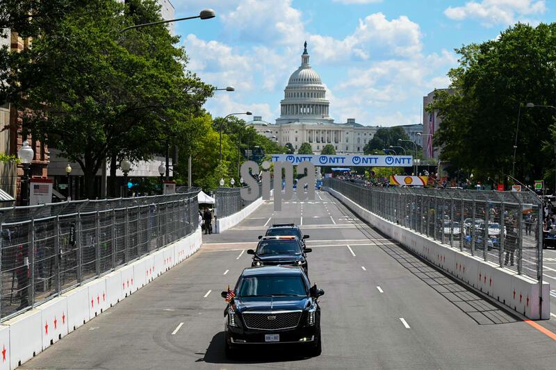 US President Donald Trump attends the Freedom 250 Grand Prix