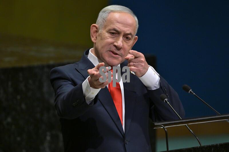 Benjamin Netanyahu, Prime Minister of Israel, mimics aiming a weapon as he delivers remarks at the 81st United Nations General Assembly (UNGA81), United Nations Headquarters, NY, September 24, 2026. (Photo by Anthony Behar/Sipa USA)