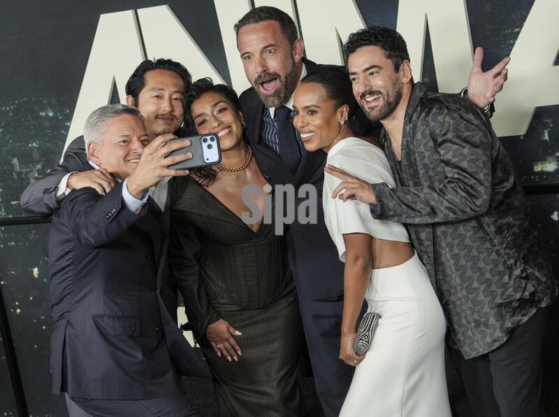 (L-R) Ted Sarandos, Co-CEO, Netflix, Steven Yeun, Adriana Paz, Ben Affleck, Kerry Washington and Luis Gerardo Méndez at the Netflix's ANIMALS World Premiere held at the Directors Village in Westwood, CA on Thursday, October 1, 2026. (Photo By Sthanlee B. Mirador/Sipa USA)