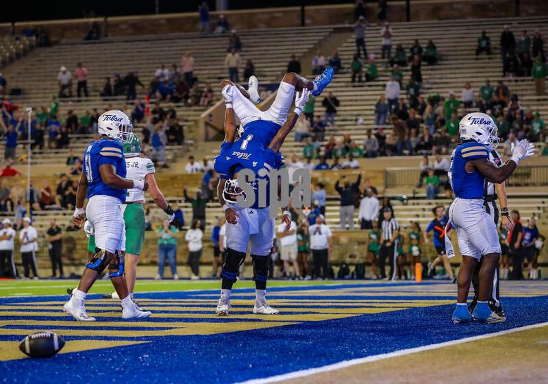 October 1, 2026; Tulsa, OK, USA; Tulsa Golden Hurricane wide receiver David Wells Jr. (1) celebrates a touchdown with a back flip in the second half of the North Texas vs Tulsa football game at H A Chapman Stadium. Mandatory Credit: Ron Lane-Cal Sport Media/Sipa USA (Credit Image: © Ron Lane/Cal Sport Media/Sipa USA)