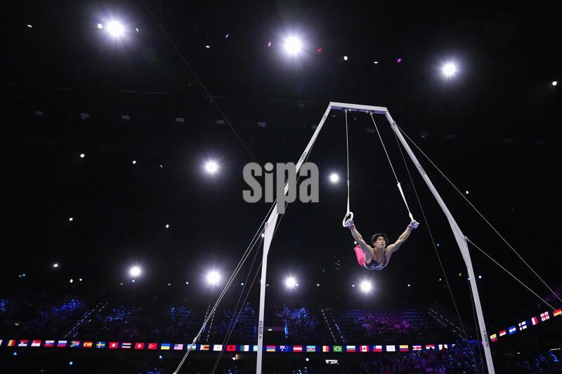 Daiki Hashimoto of Japan performs on the rings in the men's individual all-around final at the artistic gymnastics world championships in Rotterdam in the Netherlands on Oct. 22, 2026. (Photo by Kyodo News/Sipa USA)
