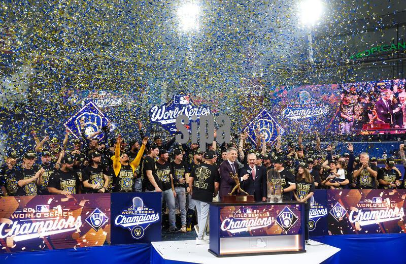 Milwaukee Brewers players and staff celebrate on the field during the World Series trophy presentation at Tropicana Field in St. Petersburg, Florida, on October 28, 2026. The Brewers defeated the Tampa Bay Rays in Game 5 to claim the franchise's first-ever World Series championship, with confetti falling over the jubilant team as Commissioner Rob Manfred presented the Commissioner's Trophy on a decorated stage. (Photo by Dirk Shadd/Tampa Bay Times/TNS/Sipa USA)