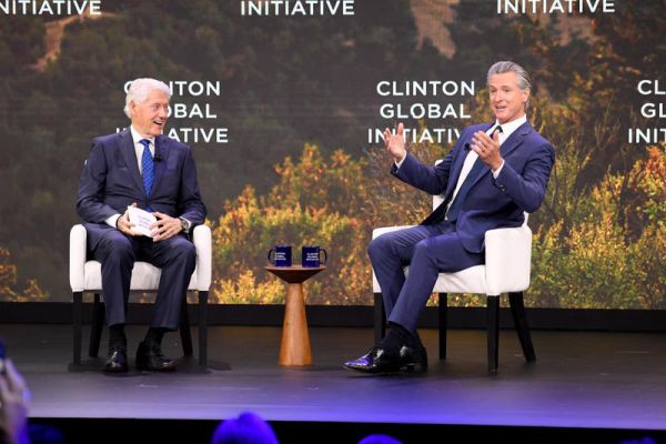 President Bill Clinton and California Governor Gavin Newsom onstage at the Clinton Global Initiative 2025 Annual Meeting at The New York Hilton Midtown in New York, NY on September 24, 2025.