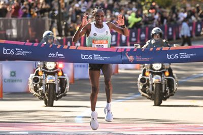 Professional Women's Division's Hellen Obiri of Kenya arrives arrives at the finish line to win first place in the 2025 TCS New York City Marathon, New York, NY, November 2, 2025. More than 55,000 runners from approximately 150 countries participate in the 26.2 mile annual run which winds through all of New York City's five boroughs.
