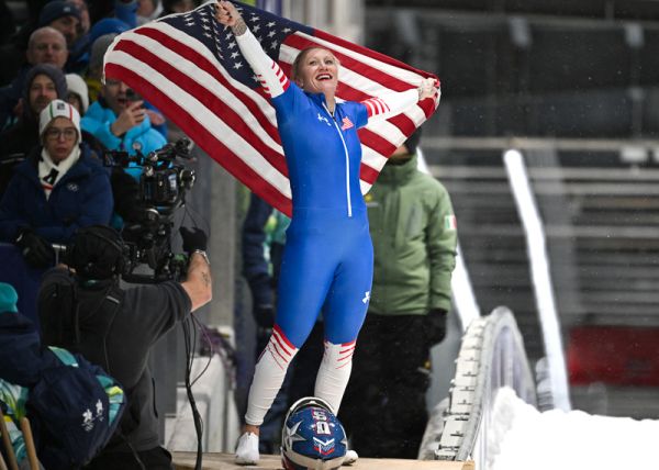 Kaillie Armbruster Humphries of Team United States celebrates after competing in the Women's Monobob Bobsleigh Heat 4 on day ten of the Milano Cortina 2026 Winter Olympic games Milano Cortina 2026 Winter Olympic Games at Cortina Sliding Centre, Cortina d'Aprezzo, Italy, February 16, 2026. (Photo by Anthony Behar/Sipa USA)