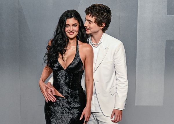 Kylie Jenner and Timothée Chalamet walking on the red carpet at the 2026 Vanity Fair Oscar Party held at the Los Angeles County Museum of Art in Los Angeles, CA on March 15, 2026. (Photo by Anthony Behar/Sipa USA)
