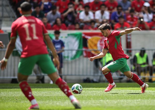 Morocco midfielder Brahim Diaz (10) kicks the ball towards the goal during the FIFA International Friendly Match: Morocco vs Norway at Sports Illustrated Stadium on Sunday, June 7, 2026; Harrison, New Jersey, USA.