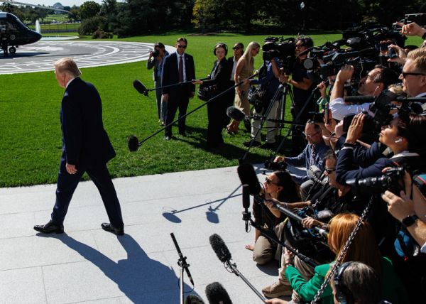 President Donald Trump walks towards Marine One after speaking to members of the media before departing from the South Lawn of the White House on October 13, 2026 in Washington, D.C. Trump is heading to Wasilla, Alaska for a midterm campaign rally in support of Senator Dan Sullivan and Representative Nick Begich before heading to Las Vegas, Nevada where he will spend the night. (Photo by Samuel Corum/ Sipa USA)