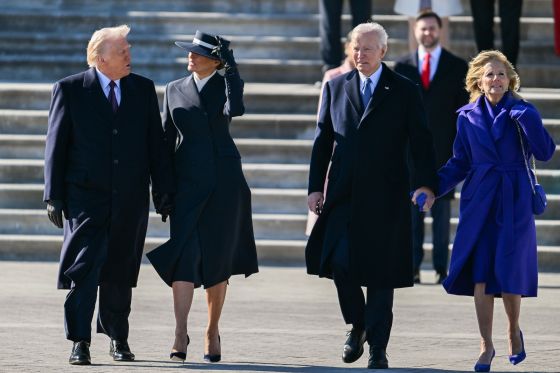 President Donald Trump, First Lady Melania Trump, Former President Joe Biden and Former First Lady Jill Biden depart the U.S. Capitol Building in Washington, DC on Monday, January 20, 2025