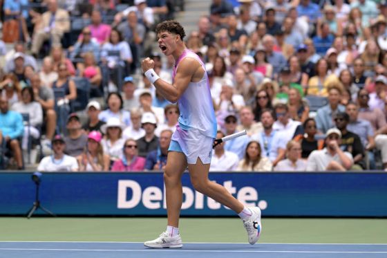 Ben Shelton of the United States reacts as he plays Frances Tiafoe of the United States in the Men's Singles Round 3 of the U.S. Open tennis tournament at USTA Billie Jean King National Tennis Center, New York, NY, August 30, 2024. (Photo by Anthony Behar/Sipa USA)