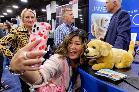 The Tombot, a hyper-realistic, interactive robotic Labrador puppy at Unveiled during the 2026 Consumer Electronics Show (CES) at Mandalay Bay in Las Vegas on January 4, 2026.