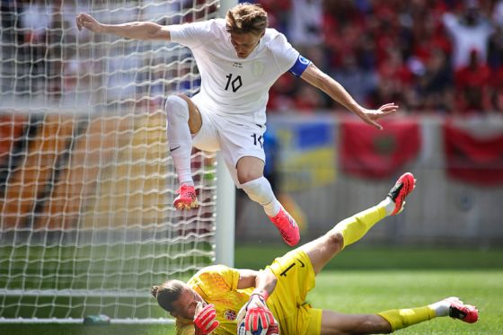 While playing defense, Norway defender David Moller Wolfe (10) jumps over Norway goalkeeper Orjan Nyland (1) as he makes a save during the FIFA International Friendly Match: Morocco vs Norway at Sports Illustrated Stadium on Sunday, June 7, 2026; Harrison, New Jersey, USA. (Photo by Jess Stiles/Sipa USA)