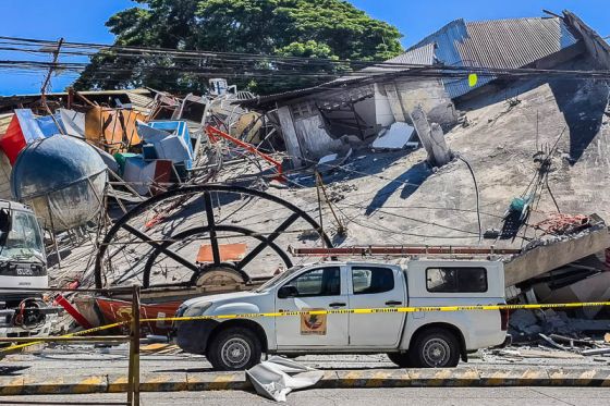 This photo taken on June 8, 2026 shows a damaged building after a 7.8 magnitude earthquake, in General Santos City, the Philippines. Fifteen people were reported dead and at least 134 others injured after a magnitude 7.8 earthquake struck Sarangani province in the southern Philippines Monday morning, authorities said