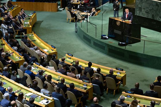 U.S. President Donald Trump delivers remarks at the 81st United Nations General Assembly (UNGA81), United Nations Headquarters, NY, September 22, 2026. (Photo by Anthony Behar/Sipa USA)